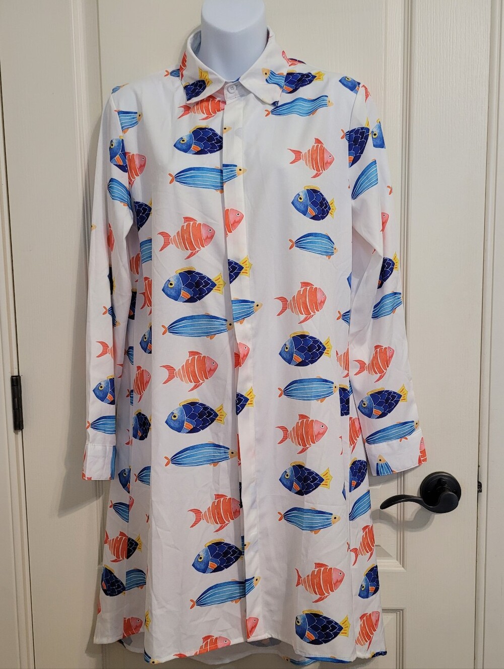 Fish Print Long Sleeve Shirt Dress - Sz S, Like New